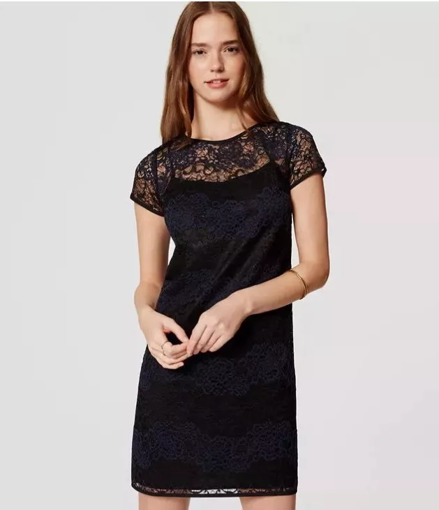 NWT ANN TAYLOR LOFT Striped Lace DRESS Size 0 Black 98.00 Navy Blue 15