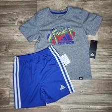Adidas Graphic Football Tee  Short Set 2 Piece Set Grey/Blue Boys Size 4 NWT