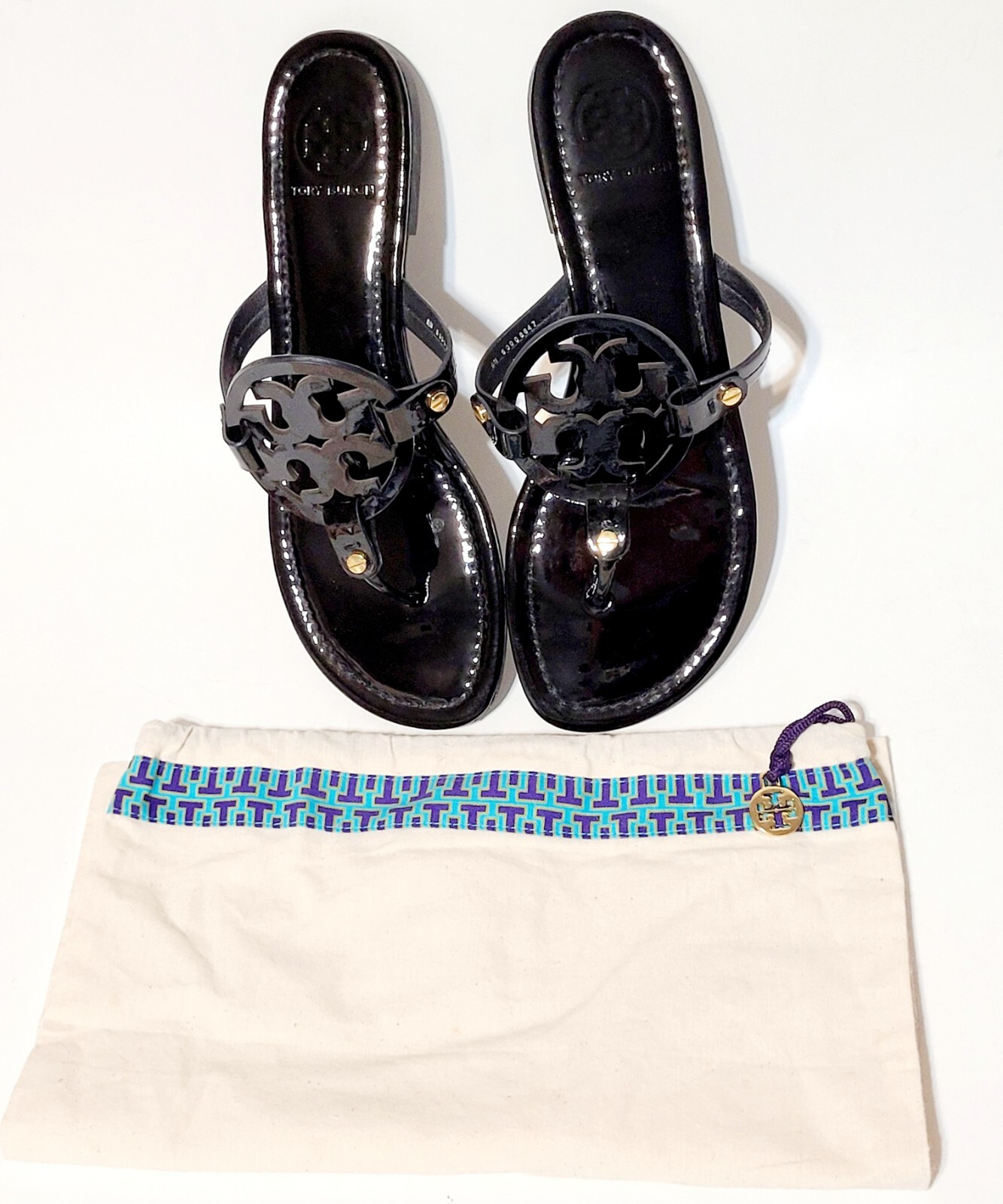 Tory Burch Miller Sandals Logo Black Patent Leather Thong FlipFlop Flats Wms 10M thumbnail 8