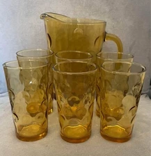 Vintage Hazel Atlas Gold Glass Beverage Set Pitcher and 6 Tumblers High Ball