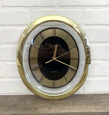 Vintage Midcentury Elgin Quartz Oval Brass Wall Clock 12x10 PARTS OR REPAIR!