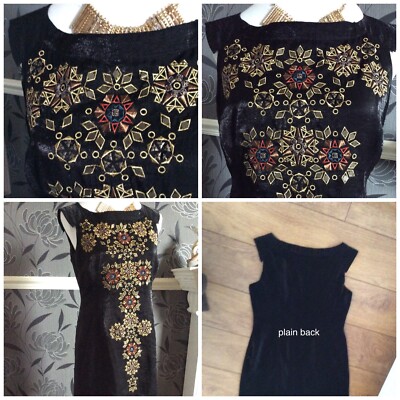 Monsoon Black  Gold Atec Dress Size 6 Bnwt Short 35  Away