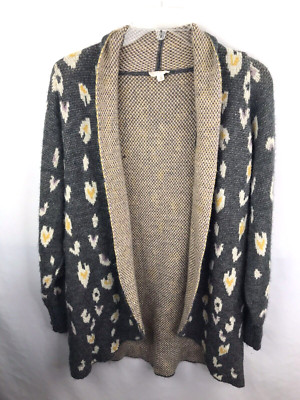 Hem & Thread Womens Small Open Waterfall Front Cardigan Animal Print Gray Yellow