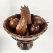 Cottagecore wood fruit bowl mid century Vintage pedestal scalloped edge W/Fruit.