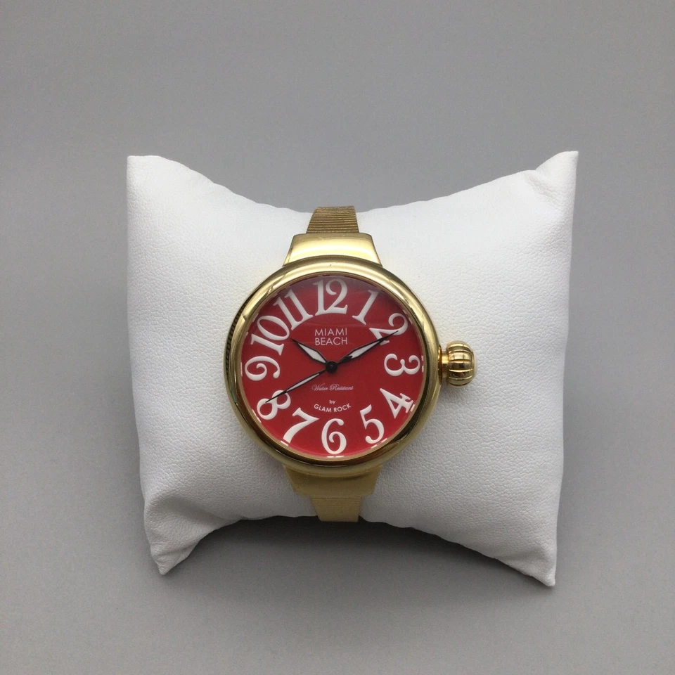 Miami Beach By Glam Rock Watch Women 36mm Gold Tone Red Dial New Battery 6.5" - Image 2 of 4