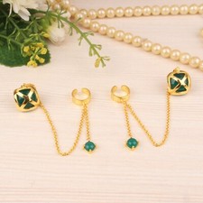 18k Gold Plated Criss Cross Designer Green Onyx Ear Cuff Earrings For Women's