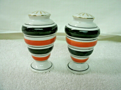 Vtg Salt & Pepper Shakers-Orange/Blk Stripe -Hand Painted -Made