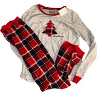 NEW Pajama Set Kids XL Eddie Bauer Boys Girls Unisex Red Plaid Christmas Trees  