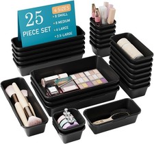 25 PCS Plastic Drawer Organizer Set 4 Sizes Black Storage Bins for Office Makeup