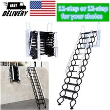 Wall Mounted Folding Ladder with Armrests Loft Attic Stairs Pull down 12 Steps