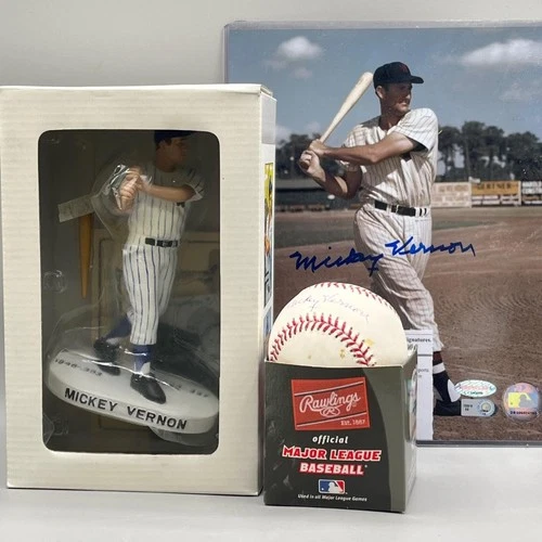 MICKEY VERNON ~ AUTOGRAPHED BASEBALL & PHOTO ~ HARTLAND LIMITED EDITION STATUE