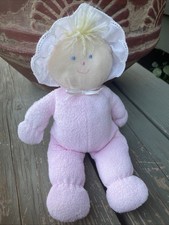 Eden Terry Cloth Pink Baby Doll Blonde Hair Blue Eyes Gingham Bonnet 11" Plush