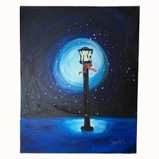 Winter Lamppost Painting Night Snow Scene Lantern Artwork Holiday Decor Signed