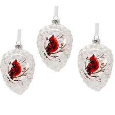 Cardinal Christmas Ornaments - Set Of 3 Glass Ornament Pinecone Shape - Cardinal