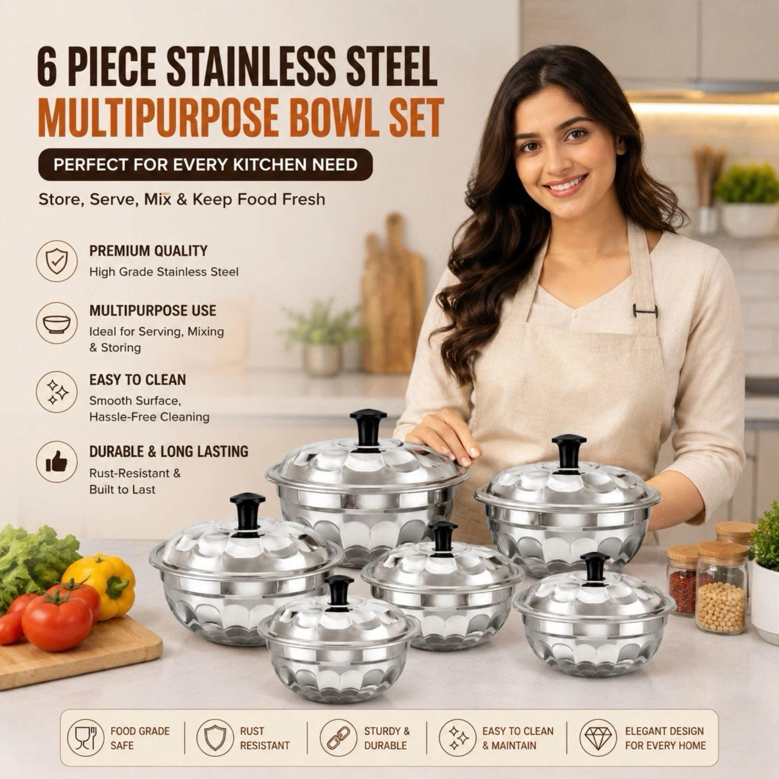 Stainless Steel 6 Piece Multipurpose Bowl Set With Lids Storing Serving Mixing .