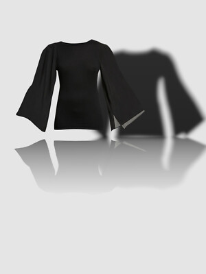 $395 Neiman Marcus Cashmere Womens Black Silk-Sleeve Shirt Top Size M