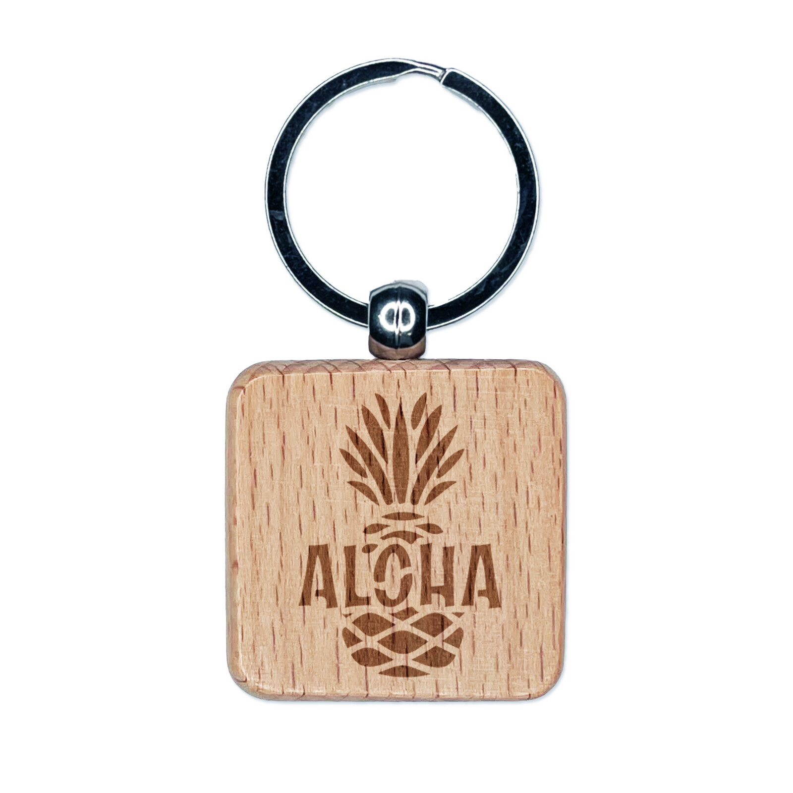 Aloha Pineapple Tropical Fruit Hawaii Engraved Wood Square Keychain Tag Charm