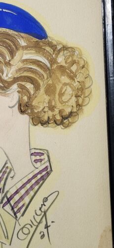 Disegno caricatura vintage anni 30 schizzo donna profilo arte originale incorniciato firmato - Foto 3 di 11