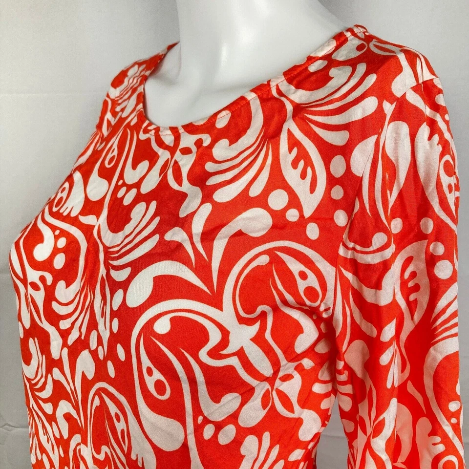 Camisa Escapada para Mujer Talla XS Naranja Blanco Estampado Volantes Manga Campana Tejido Top Foto 4 de 4