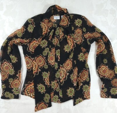 Covington Ladies Tie Neck Blouse Button Down Floral On Black Petite 6 (143)