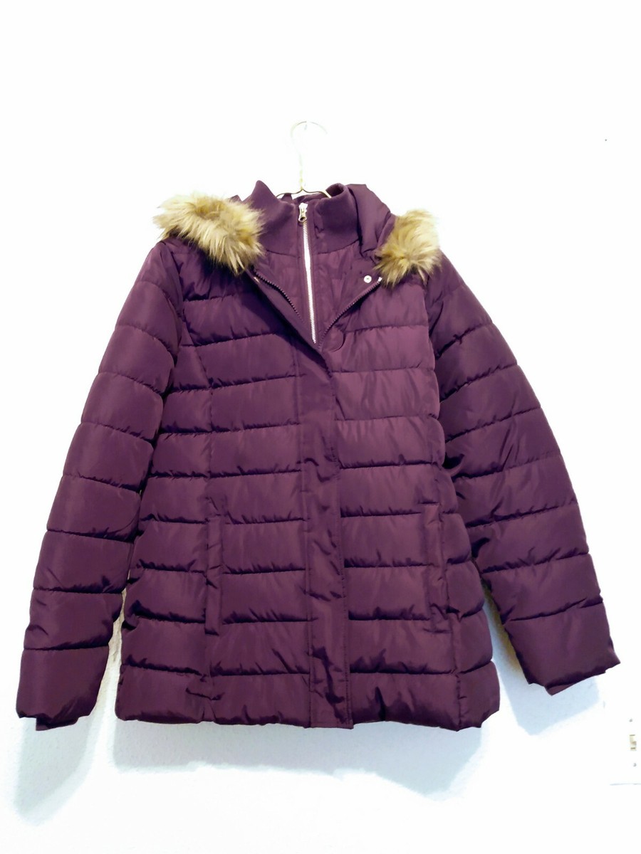 TimeTru Purple Quilted Puffer Faux Fur Trim Hood Zip Pockets Girl Coat sz S  4-6