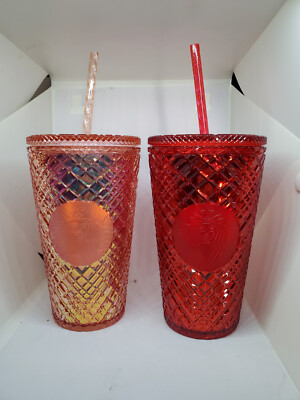 Set of 2 Starbucks 2021 Holiday 16oz Rose Gold Red Tumbler Jeweled Grande