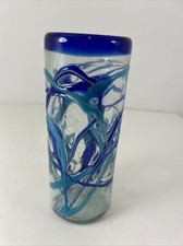 Summer Glass Vase Blue Swirl Hand Blown Cylinder Vase Beach Nautical Decor 7x3  
