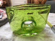 mid 20th c funky murano glass green vase hole in center 7 3/4  x 6 1/2  excellen