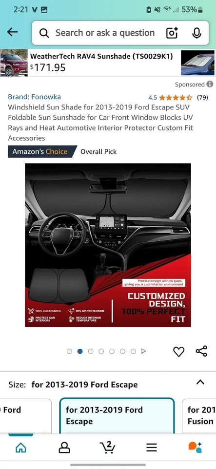 Parabrisas para Ford Escape 2013-2019 parasol hecho a medida con bolsa Foto 2 de 4