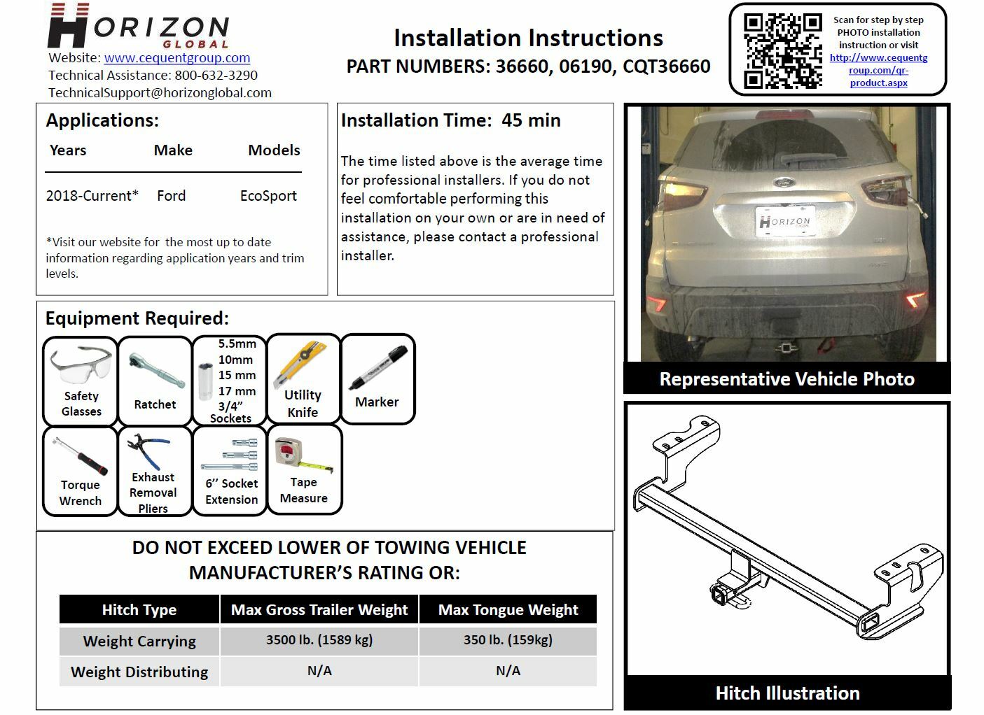 Trailer Tow Hitch For 1822 Ford EcoSport 11/4" Towing Receiver w