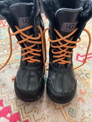 Ugg Winter Boots Kids 13 Black Lace Up Leather Suede Lined Waterproof Snow Shoes
