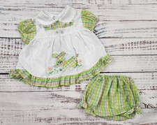 Vintage 3-6M Plaid Bunny Dress Bloomers Set Easter Spring Cottagecore Baby Girl