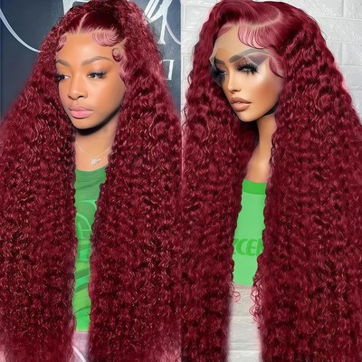 99j Burgundy Lace Front Wigs Human Hair 28inch 13x6 HD Deep Wave