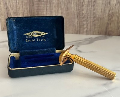 Vintage Gillette Gold Tech Fat Handle Safety Razor Set USA 1940s w/Original Case