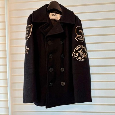 Schott Navy Pea Coat Motorcycle Club Patches Melton Wool Outerwear Men M