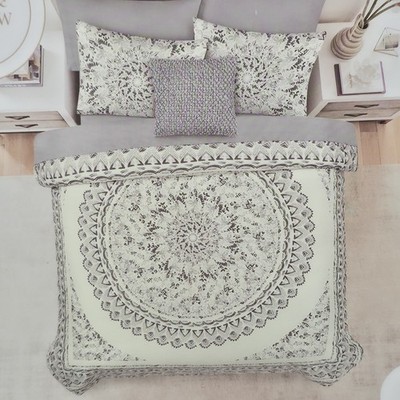 Moss & Willow Medallion Full Queen Duvet Cover Shams Cotton Gray White 300TC