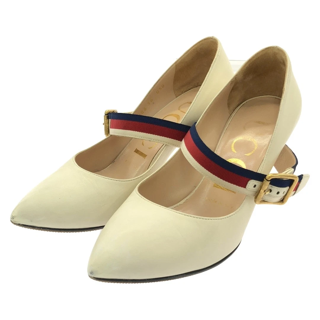 Auth GUCCI Escarpins Ceinture Talon Haut Logo Cuir Taille 36 US6 Ivoire Femme