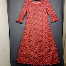 Vintage Handmade Maxi Dress Red Ditsy Floral Prairie Peasant Lightweight Cottage