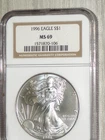 1996 American Silver Eagle $1 .999 Fine 1oz Silver NGC MS69 Bright White Coin