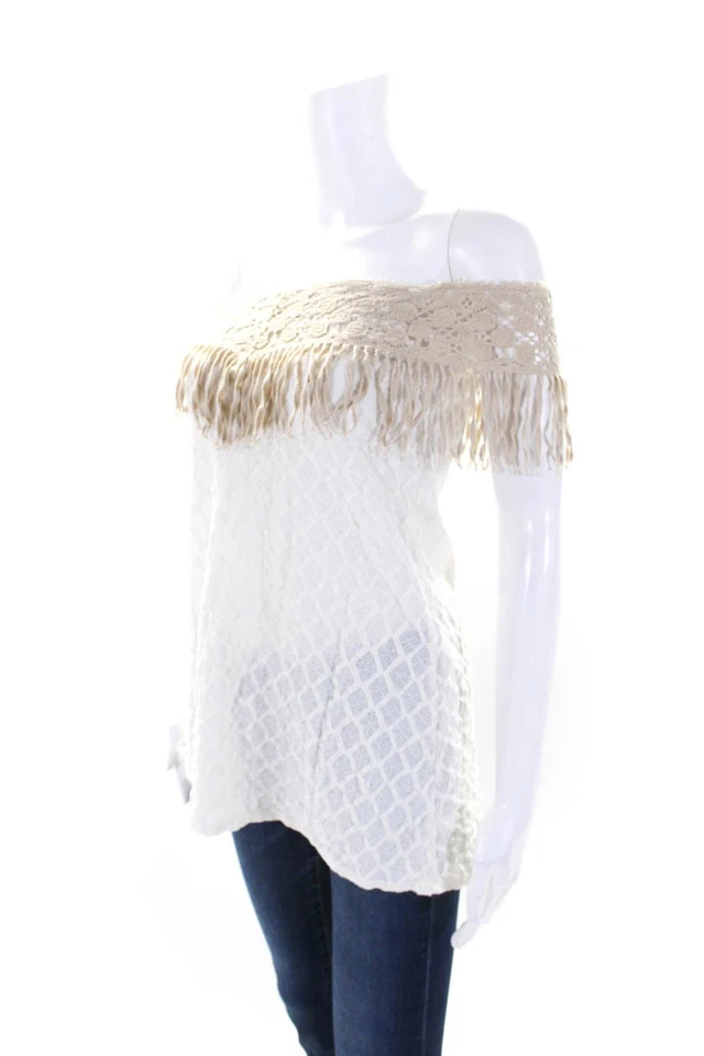 Jen's Pirate Booty Women's Boat Neck Fringe Sleeveless Blouse Beige Size XS - Image 2 of 4