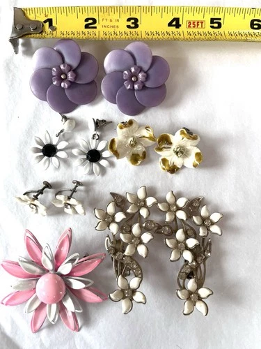 Vintage 1960's Flower Power Costume Jewelry Lot, Rhinestone Climber Earrings