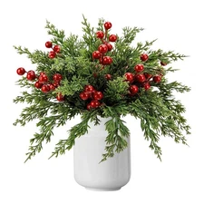60 Pcs Christmas Artificial Pine Branches with Red Berry Stems, 12.4" Christm...