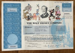STOCK CERTIFICATE WALT DISNEY COMPANY 1992 VINTAGE ORIGINAL 1 SHARE LISTED RARE
