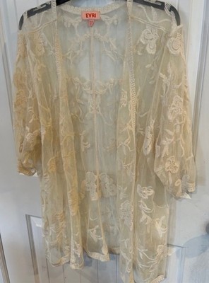 EVRI Women's Sheer Embroidered Floral Mesh Kimono Open Front Ivory 3/4