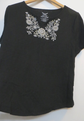 Faded Glory Shirt Womens 1X Black White Floral Embroidery Short Sleeve Tee Top