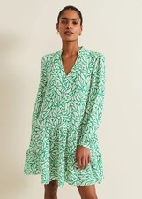 New Phase Eight Penele Leaf Print Swing Dress Green Ivory Tiered Occasion UK 18