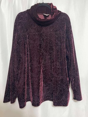 Coldwater Creek Womens Maroon Sparkle Velvet Turtleneck Long Sleeve Shirt 3X