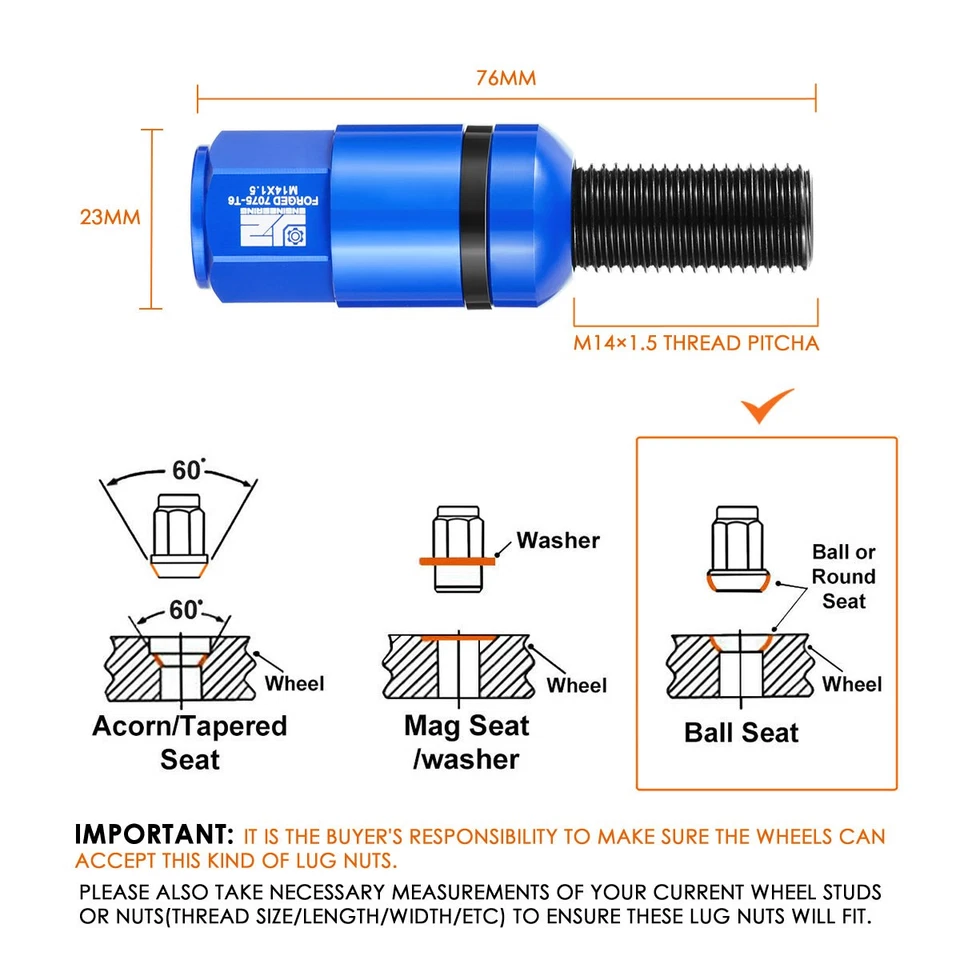 J2 Blue 20 PCS M14 x 1.5 Removable Cap Closed End Lug Bolts for Mercedes-Benz - Image 3 of 4