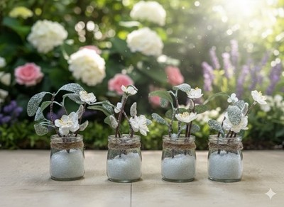 4-teiliges rustikales Milchglas-Set mit Blumen - elegante weiße Blumen-Tischdeko