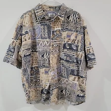 Vintage Mens Button Up Shirt Size Large Linen Blend Beach Vacation Abstract